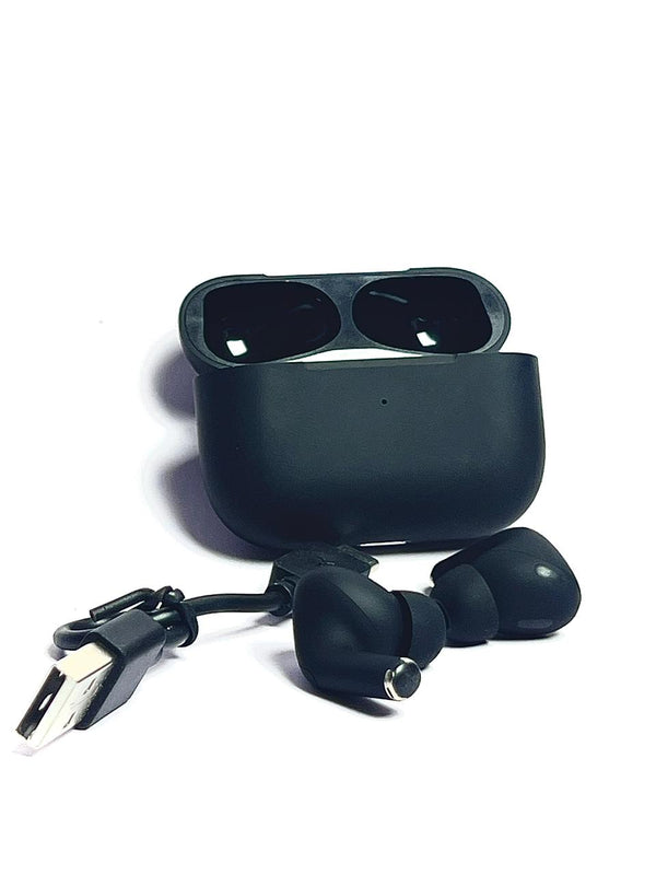 Black Wireless Earbuds Charging case with a Gray Charging Cable and a Hand Strap Attached.